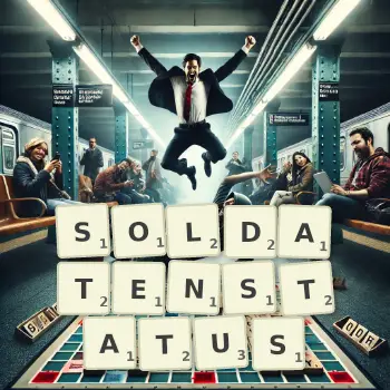 Kreative Illustration für ein Scrabble-Spiel, bei dem das Wort SOLDATENSTATUS mit Steinen auf dem Brett gelegt wurde.