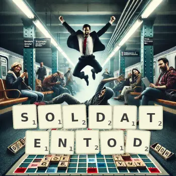 Kreative Illustration für ein Scrabble-Spiel, bei dem das Wort SOLDATENTOD mit Steinen auf dem Brett gelegt wurde.