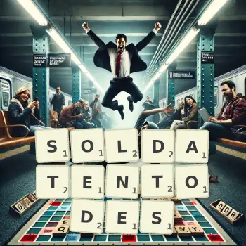 Kreative Illustration für ein Scrabble-Spiel, bei dem das Wort SOLDATENTODES mit Steinen auf dem Brett gelegt wurde.