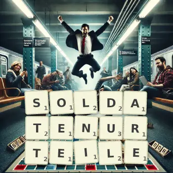 Kreative Illustration für ein Scrabble-Spiel, bei dem das Wort SOLDATENURTEILE mit Steinen auf dem Brett gelegt wurde.