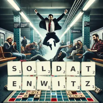 Kreative Illustration für ein Scrabble-Spiel, bei dem das Wort SOLDATENWITZ mit Steinen auf dem Brett gelegt wurde.