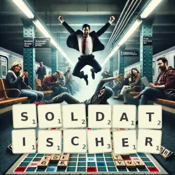 Kreative Illustration für ein Scrabble-Spiel, bei dem das Wort SOLDATISCHER mit Steinen auf dem Brett gelegt wurde.