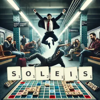 Kreative Illustration für ein Scrabble-Spiel, bei dem das Wort SOLEIS mit Steinen auf dem Brett gelegt wurde.