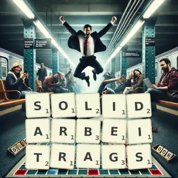 Kreative Illustration für ein Scrabble-Spiel, bei dem das Wort SOLIDARBEITRAGS mit Steinen auf dem Brett gelegt wurde.