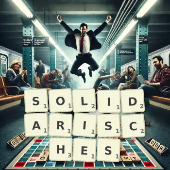 Kreative Illustration für ein Scrabble-Spiel, bei dem das Wort SOLIDARISCHES mit Steinen auf dem Brett gelegt wurde.