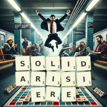 Kreative Illustration für ein Scrabble-Spiel, bei dem das Wort SOLIDARISIERE mit Steinen auf dem Brett gelegt wurde.