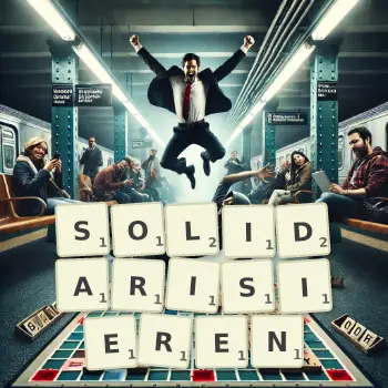 Kreative Illustration für ein Scrabble-Spiel, bei dem das Wort SOLIDARISIEREN mit Steinen auf dem Brett gelegt wurde.