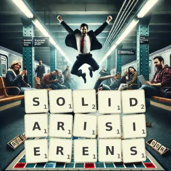 Kreative Illustration für ein Scrabble-Spiel, bei dem das Wort SOLIDARISIERENS mit Steinen auf dem Brett gelegt wurde.