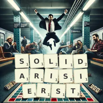 Kreative Illustration für ein Scrabble-Spiel, bei dem das Wort SOLIDARISIERST mit Steinen auf dem Brett gelegt wurde.