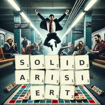 Kreative Illustration für ein Scrabble-Spiel, bei dem das Wort SOLIDARISIERT mit Steinen auf dem Brett gelegt wurde.