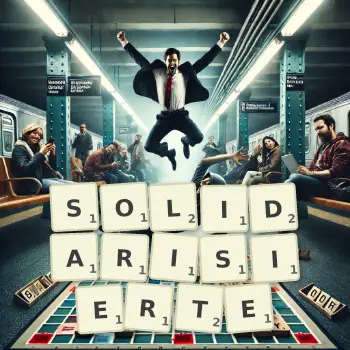 Kreative Illustration für ein Scrabble-Spiel, bei dem das Wort SOLIDARISIERTE mit Steinen auf dem Brett gelegt wurde.