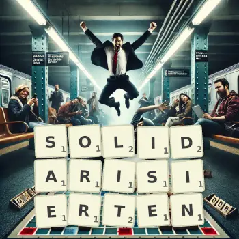 Kreative Illustration für ein Scrabble-Spiel, bei dem das Wort SOLIDARISIERTEN mit Steinen auf dem Brett gelegt wurde.