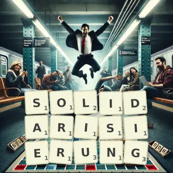 Kreative Illustration für ein Scrabble-Spiel, bei dem das Wort SOLIDARISIERUNG mit Steinen auf dem Brett gelegt wurde.