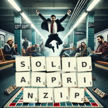 Kreative Illustration für ein Scrabble-Spiel, bei dem das Wort SOLIDARPRINZIP mit Steinen auf dem Brett gelegt wurde.