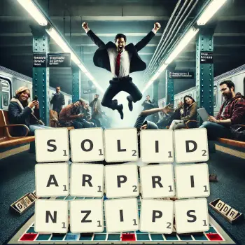 Kreative Illustration für ein Scrabble-Spiel, bei dem das Wort SOLIDARPRINZIPS mit Steinen auf dem Brett gelegt wurde.