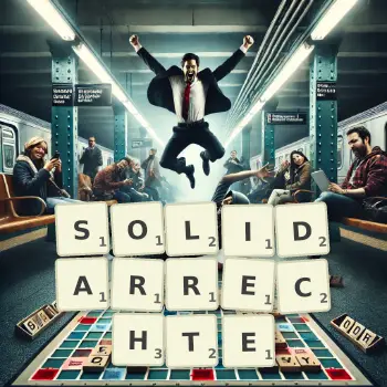 Kreative Illustration für ein Scrabble-Spiel, bei dem das Wort SOLIDARRECHTE mit Steinen auf dem Brett gelegt wurde.