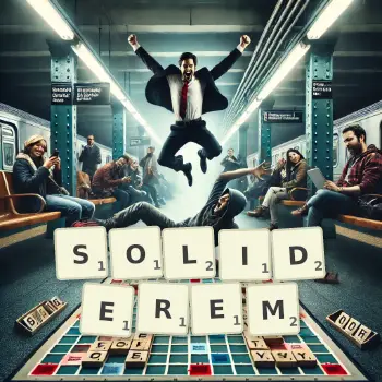 Kreative Illustration für ein Scrabble-Spiel, bei dem das Wort SOLIDEREM mit Steinen auf dem Brett gelegt wurde.