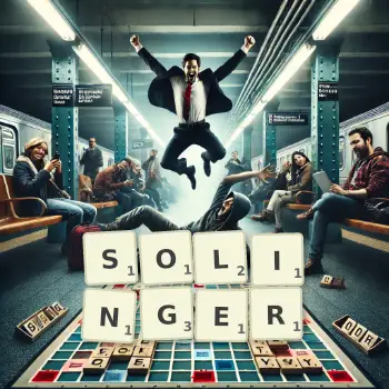 Kreative Illustration für ein Scrabble-Spiel, bei dem das Wort SOLINGER mit Steinen auf dem Brett gelegt wurde.