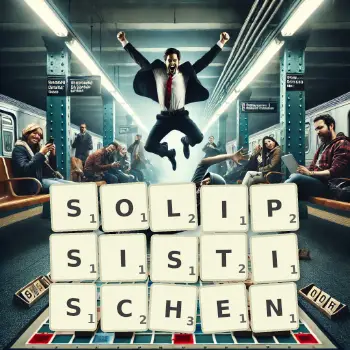 Kreative Illustration für ein Scrabble-Spiel, bei dem das Wort SOLIPSISTISCHEN mit Steinen auf dem Brett gelegt wurde.