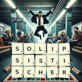 Kreative Illustration für ein Scrabble-Spiel, bei dem das Wort SOLIPSISTISCHER mit Steinen auf dem Brett gelegt wurde.