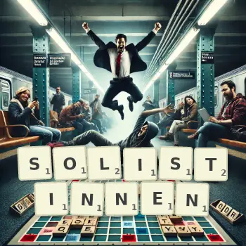 Kreative Illustration für ein Scrabble-Spiel, bei dem das Wort SOLISTINNEN mit Steinen auf dem Brett gelegt wurde.