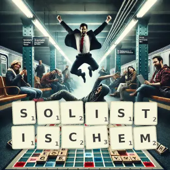 Kreative Illustration für ein Scrabble-Spiel, bei dem das Wort SOLISTISCHEM mit Steinen auf dem Brett gelegt wurde.