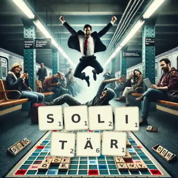 Kreative Illustration für ein Scrabble-Spiel, bei dem das Wort SOLITÄR mit Steinen auf dem Brett gelegt wurde.