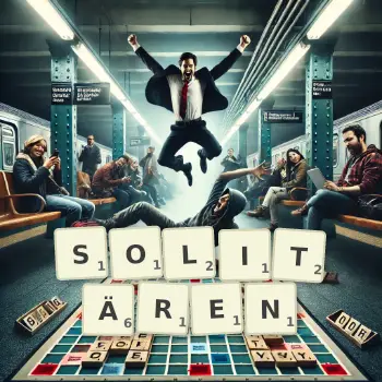 Kreative Illustration für ein Scrabble-Spiel, bei dem das Wort SOLITÄREN mit Steinen auf dem Brett gelegt wurde.