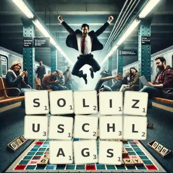 Kreative Illustration für ein Scrabble-Spiel, bei dem das Wort SOLIZUSCHLAGS mit Steinen auf dem Brett gelegt wurde.