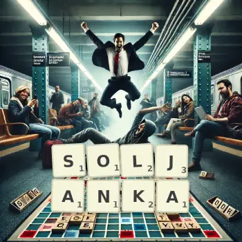 Kreative Illustration für ein Scrabble-Spiel, bei dem das Wort SOLJANKA mit Steinen auf dem Brett gelegt wurde.