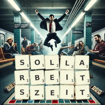 Kreative Illustration für ein Scrabble-Spiel, bei dem das Wort SOLLARBEITSZEIT mit Steinen auf dem Brett gelegt wurde.