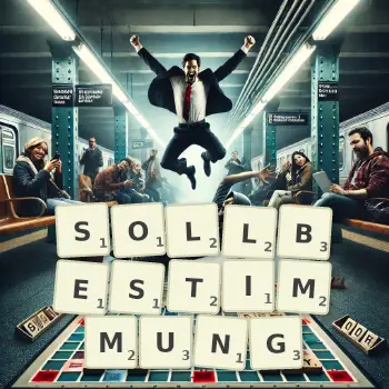 Kreative Illustration für ein Scrabble-Spiel, bei dem das Wort SOLLBESTIMMUNG mit Steinen auf dem Brett gelegt wurde.