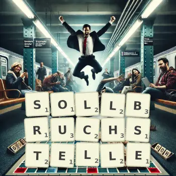 Kreative Illustration für ein Scrabble-Spiel, bei dem das Wort SOLLBRUCHSTELLE mit Steinen auf dem Brett gelegt wurde.