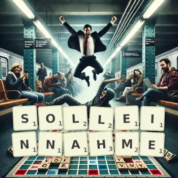 Kreative Illustration für ein Scrabble-Spiel, bei dem das Wort SOLLEINNAHME mit Steinen auf dem Brett gelegt wurde.