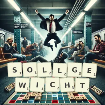 Kreative Illustration für ein Scrabble-Spiel, bei dem das Wort SOLLGEWICHT mit Steinen auf dem Brett gelegt wurde.
