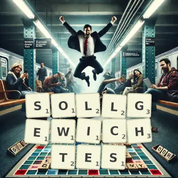 Kreative Illustration für ein Scrabble-Spiel, bei dem das Wort SOLLGEWICHTES mit Steinen auf dem Brett gelegt wurde.