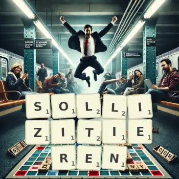 Kreative Illustration für ein Scrabble-Spiel, bei dem das Wort SOLLIZITIEREN mit Steinen auf dem Brett gelegt wurde.