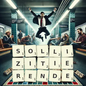Kreative Illustration für ein Scrabble-Spiel, bei dem das Wort SOLLIZITIERENDE mit Steinen auf dem Brett gelegt wurde.