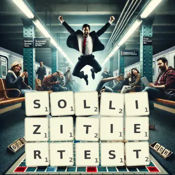 Kreative Illustration für ein Scrabble-Spiel, bei dem das Wort SOLLIZITIERTEST mit Steinen auf dem Brett gelegt wurde.