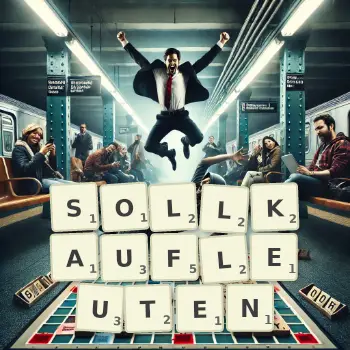 Kreative Illustration für ein Scrabble-Spiel, bei dem das Wort SOLLKAUFLEUTEN mit Steinen auf dem Brett gelegt wurde.