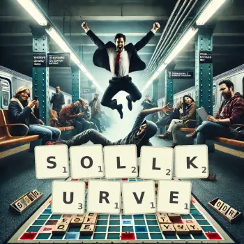 Kreative Illustration für ein Scrabble-Spiel, bei dem das Wort SOLLKURVE mit Steinen auf dem Brett gelegt wurde.