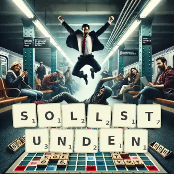 Kreative Illustration für ein Scrabble-Spiel, bei dem das Wort SOLLSTUNDEN mit Steinen auf dem Brett gelegt wurde.