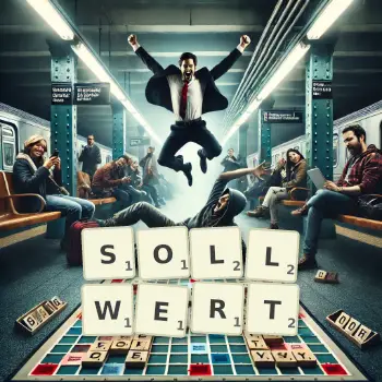 Kreative Illustration für ein Scrabble-Spiel, bei dem das Wort SOLLWERT mit Steinen auf dem Brett gelegt wurde.