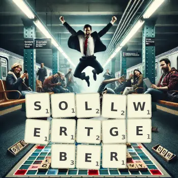 Kreative Illustration für ein Scrabble-Spiel, bei dem das Wort SOLLWERTGEBER mit Steinen auf dem Brett gelegt wurde.