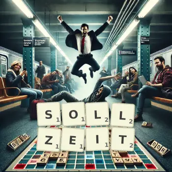Kreative Illustration für ein Scrabble-Spiel, bei dem das Wort SOLLZEIT mit Steinen auf dem Brett gelegt wurde.