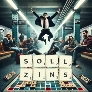 Kreative Illustration für ein Scrabble-Spiel, bei dem das Wort SOLLZINS mit Steinen auf dem Brett gelegt wurde.