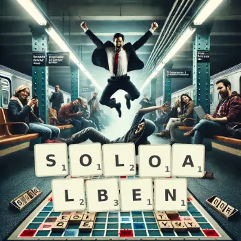 Kreative Illustration für ein Scrabble-Spiel, bei dem das Wort SOLOALBEN mit Steinen auf dem Brett gelegt wurde.