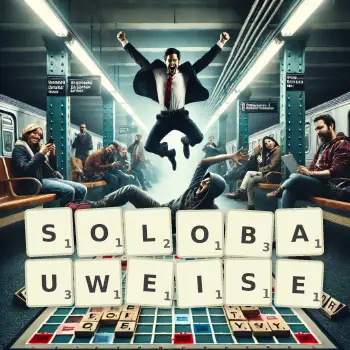 Kreative Illustration für ein Scrabble-Spiel, bei dem das Wort SOLOBAUWEISE mit Steinen auf dem Brett gelegt wurde.