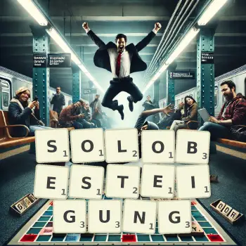 Kreative Illustration für ein Scrabble-Spiel, bei dem das Wort SOLOBESTEIGUNG mit Steinen auf dem Brett gelegt wurde.