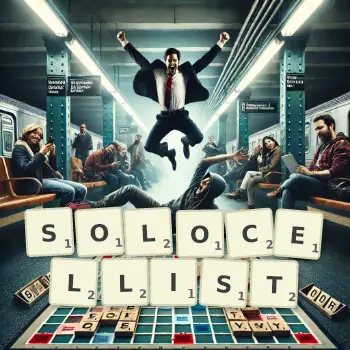 Kreative Illustration für ein Scrabble-Spiel, bei dem das Wort SOLOCELLIST mit Steinen auf dem Brett gelegt wurde.